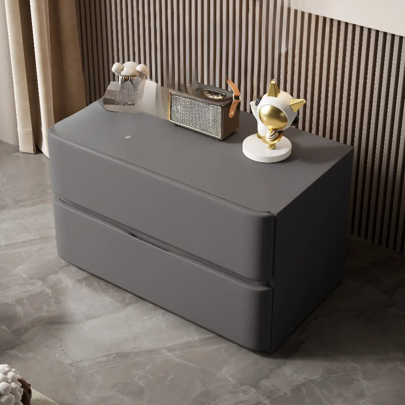 Modern Stone Top Wooden White Bedside Table 2 Drawers