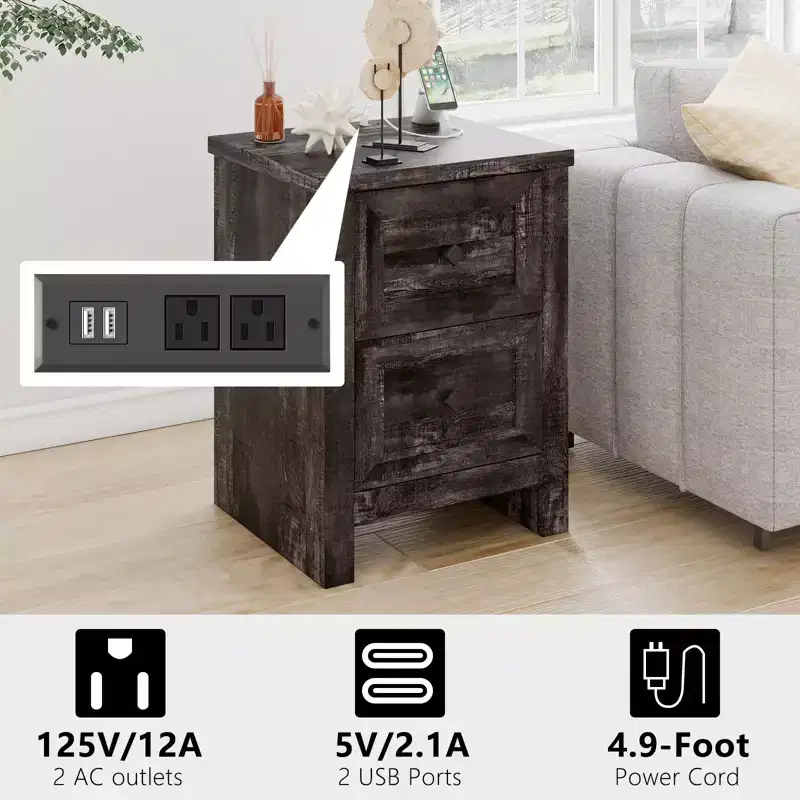 AMERLIFE Nightstand Set of 2 with Charging Station