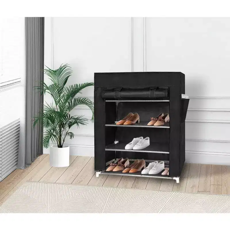 J&V TEXTILES 4 Tier Shoe Rack with Side Pocket Holds 24 Shoes Black