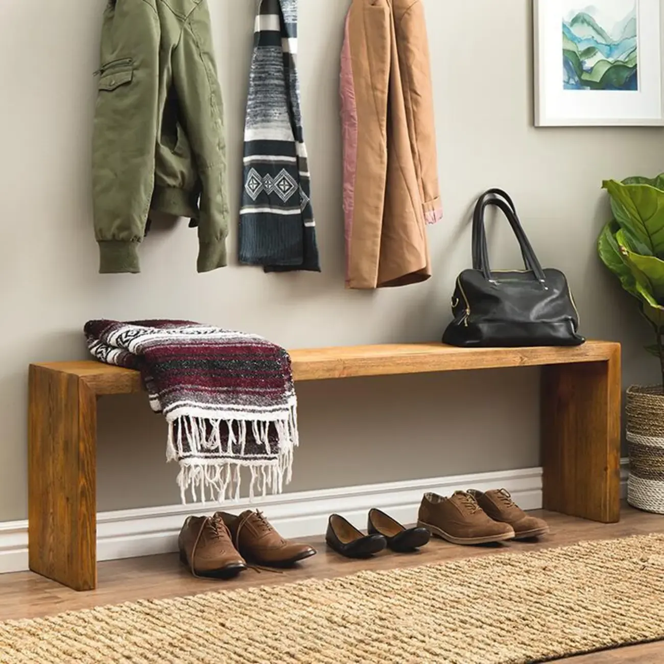 Minimalistic Long Natural Finish Wooden Entryway Bench