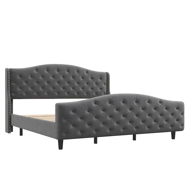 Bed Frame, Wingback Upholstered Button Tufted Headboard, No Box Spring Needed, Load Up to 800Lbs