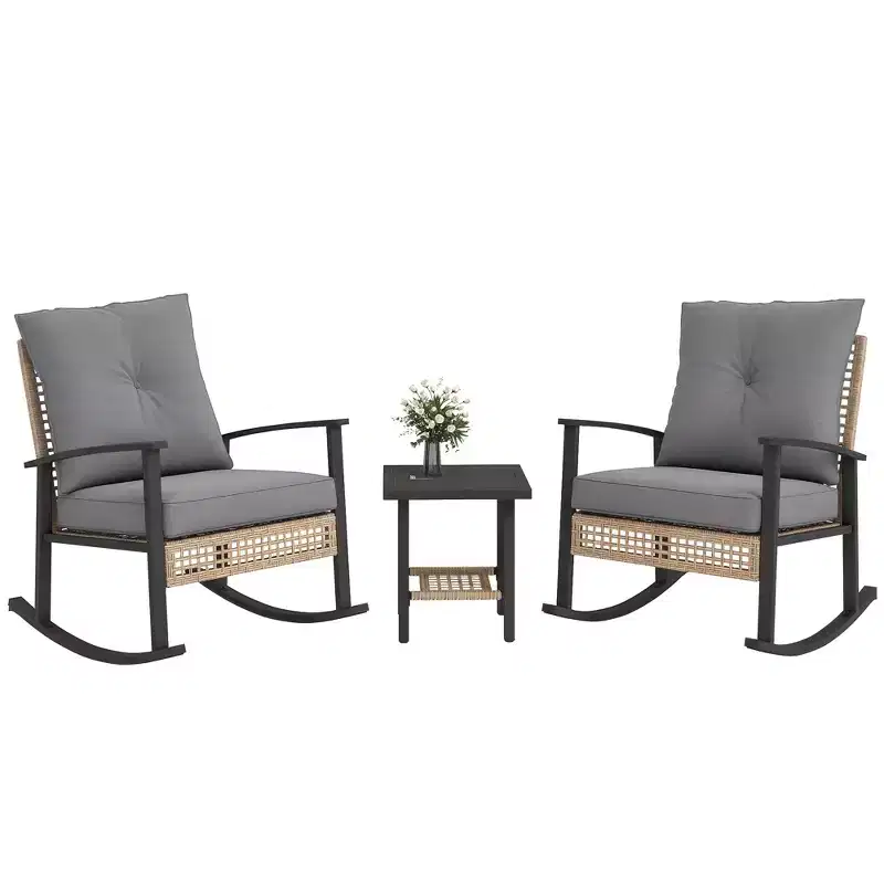 Outsunny 3 Pieces Patio Bistro Set, Wicker Furniture Set with Button Tufted Cushions, Rattan Rocking Chairs and Coffee Table