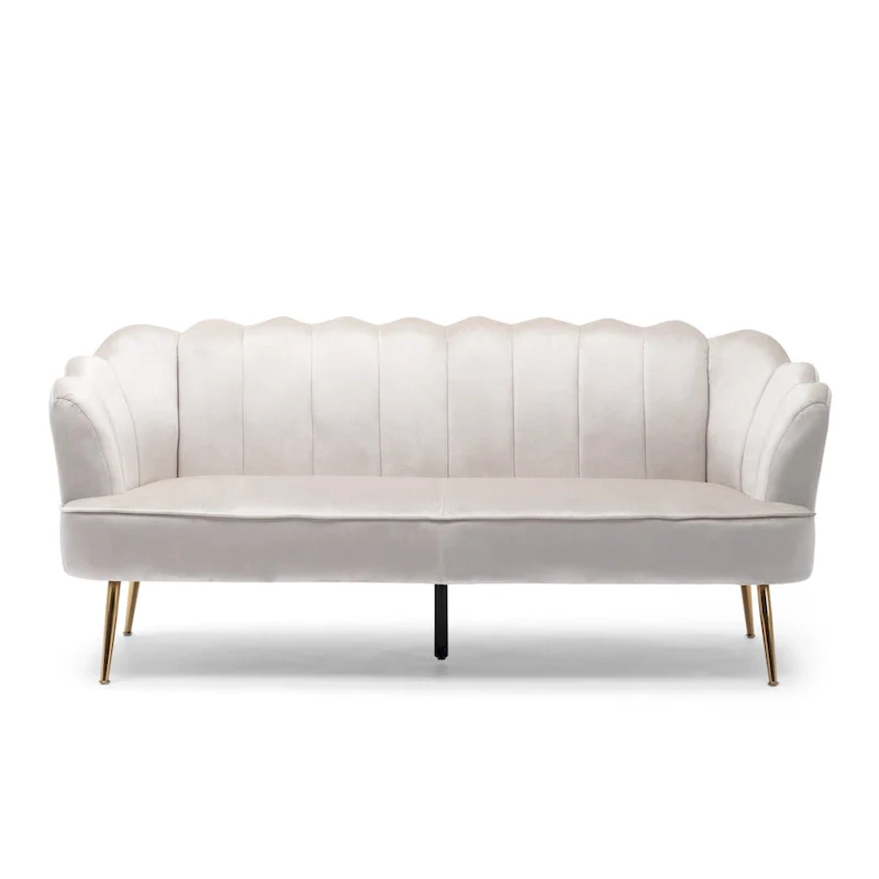 Velvet Channel Stitched 3-Seater Sofa with Gold Metal Legs