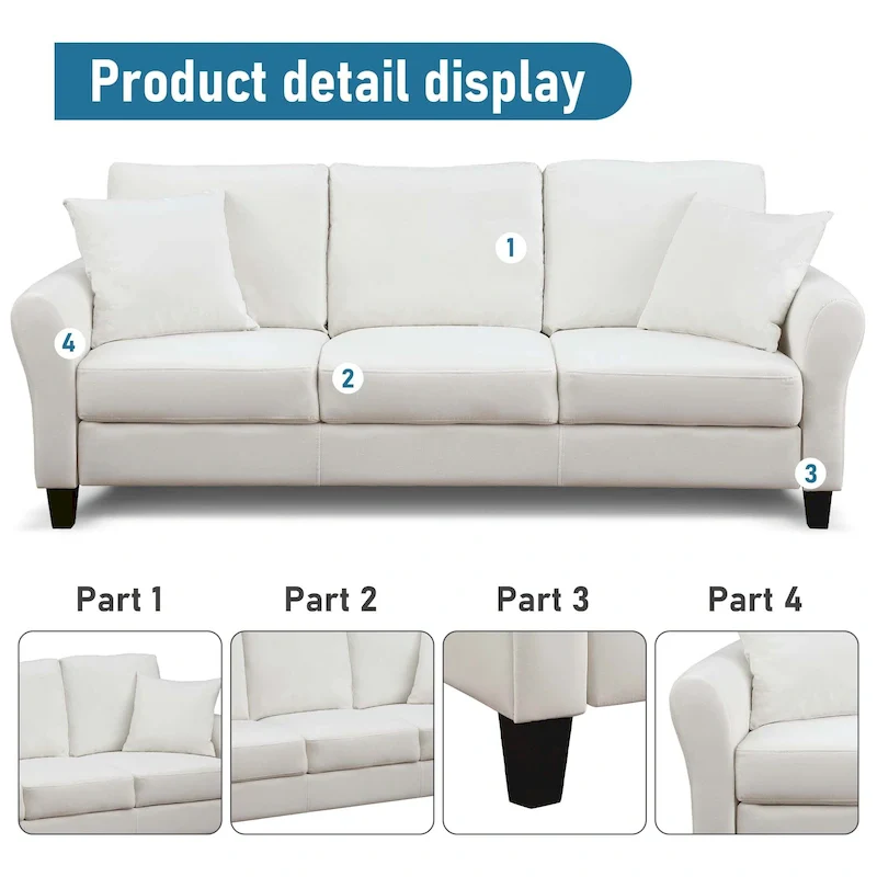 3-Seater Velvet Sofa with 2 Pillows, Black/White/Grey, Wood Frame, 3-Person