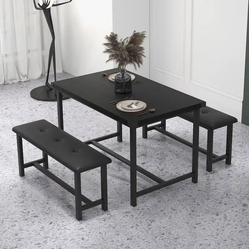 Dining Table Set with 2 Benches - Black Metal Frame for 4 People