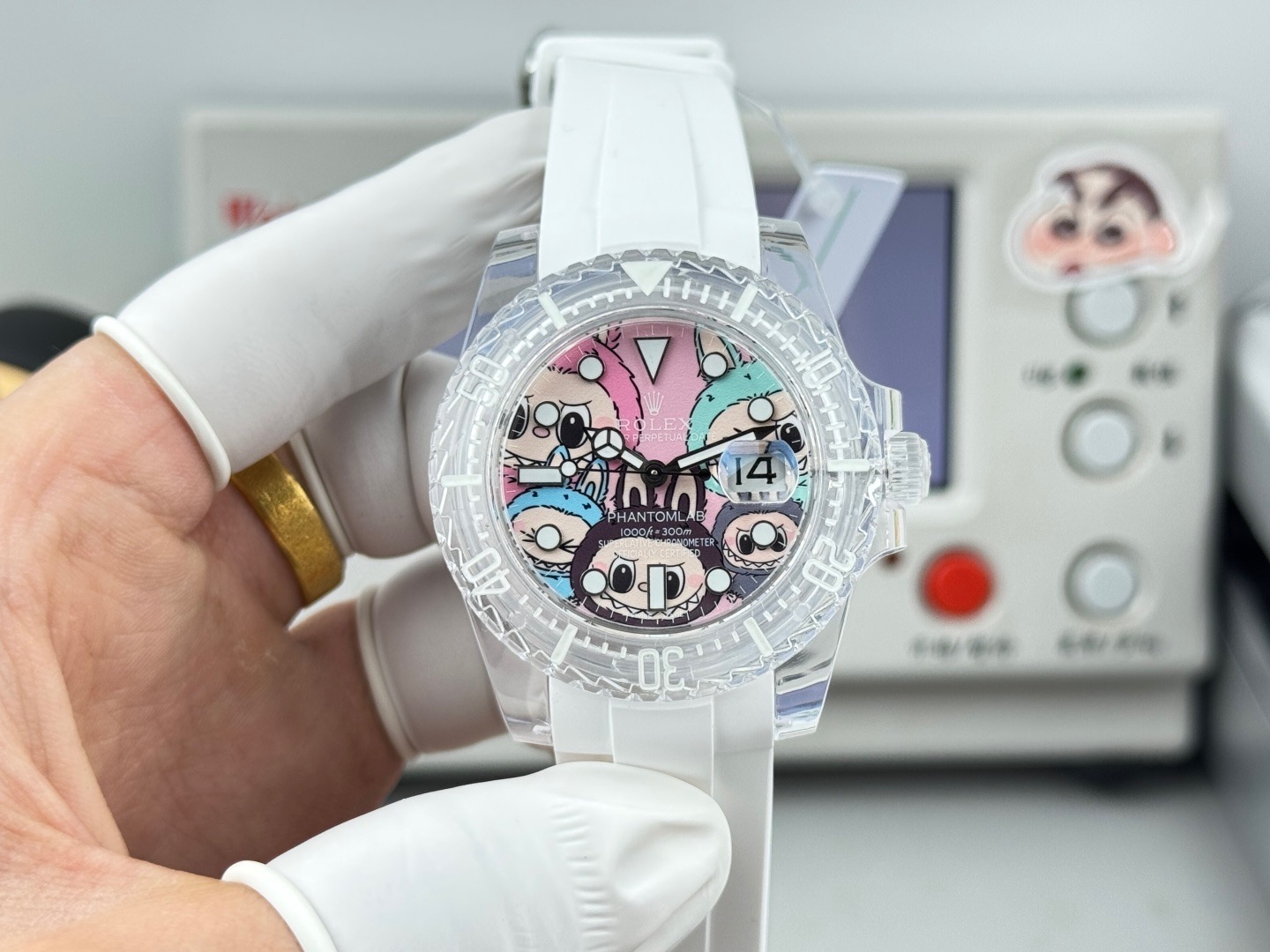 Alternative front view of the custom transparent phantomlab watch with cartoon dial