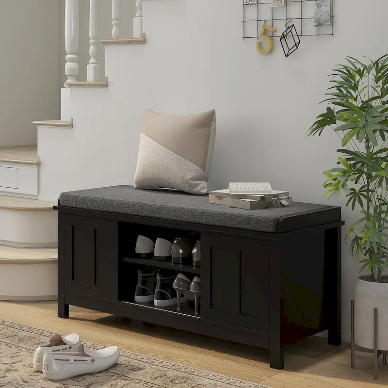 Black Entryway Bench with Sliding Doors & Adjustable Shelves — 1-Person