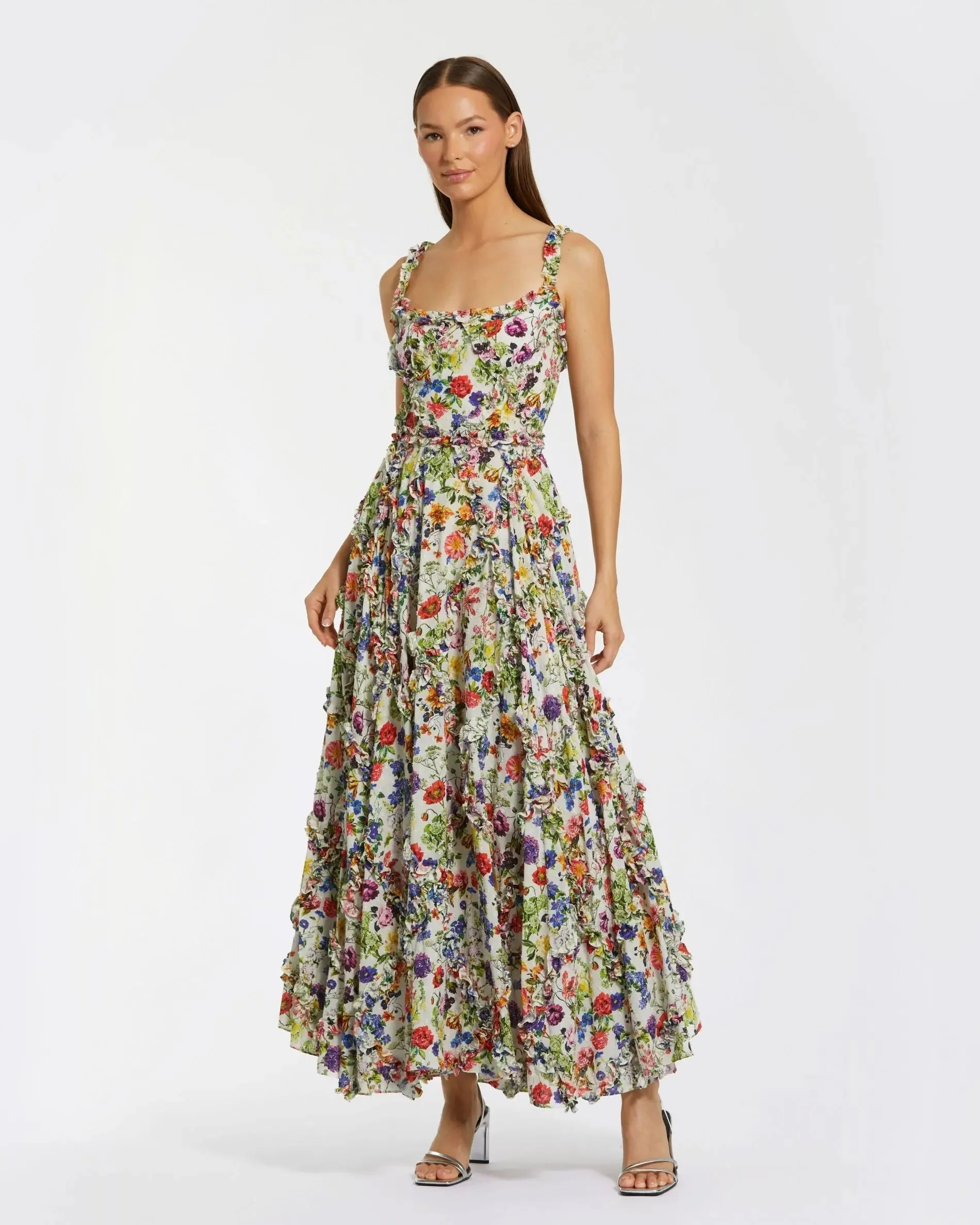 Multicolor Ruffle Scoop Neck Floral A-Line Dress