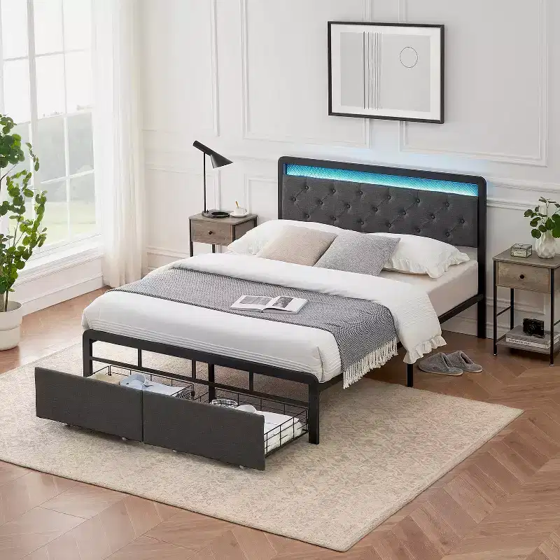 LED Queen Bed Frame with 2 Storage Drawers - Upholstered Platform Bed with Headboard, Strong Metal Support Slats, No Box Spring Needed