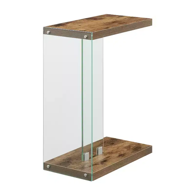 HomeStock Belmont C Shaped End Table with Clear Glass Panels, Floating Shelf Design and Easy Sofa Side Convenience