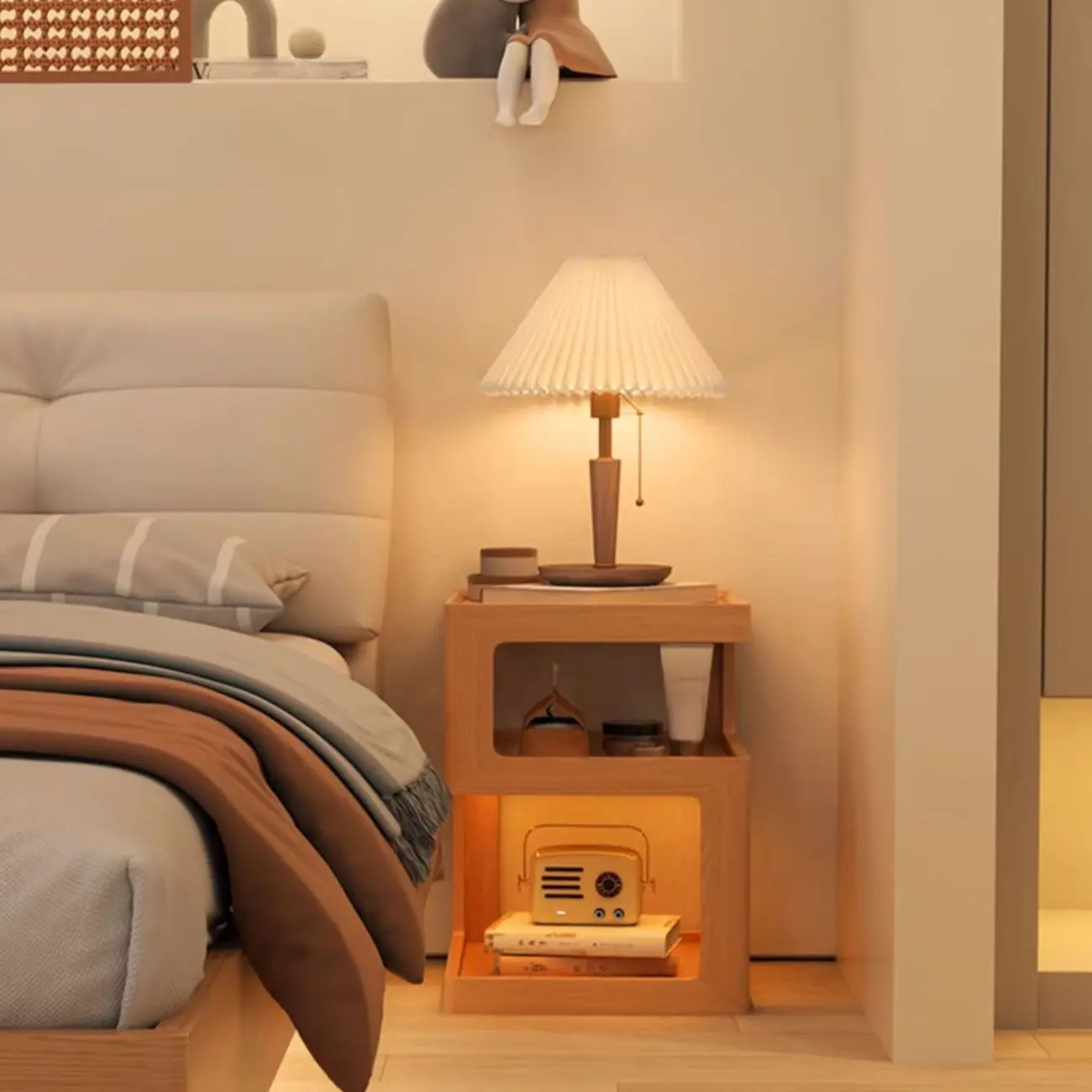 Elegant Narrow 3-Tier Natural Wood Nightstand with Glass Top