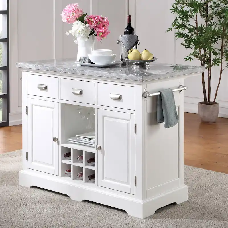 Kitchen Island - White with Grey Marble Top