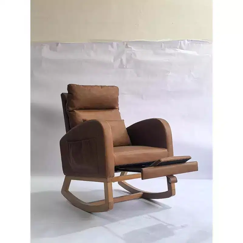 Nursery Glider Rocking Chair with High Backrest, Upholstered Breathable PU Leather & Sturdy Wooden Legs, Comfortable Nursing Chair
