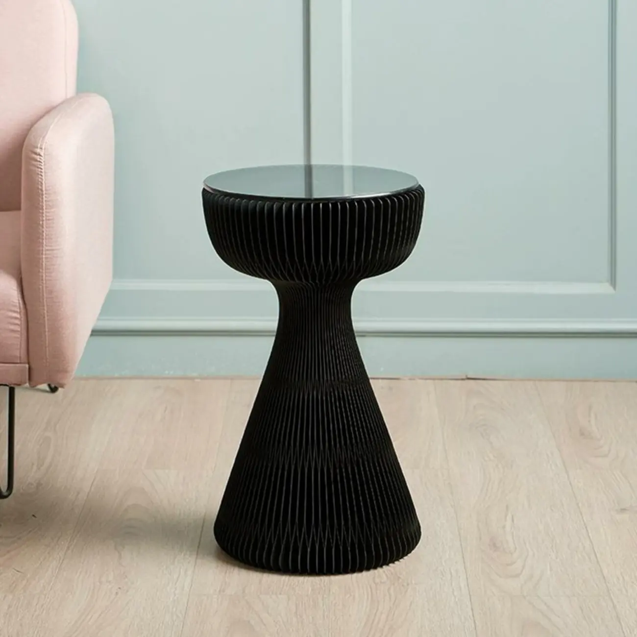 Foldable Modern Black Glass Top Round Side Table