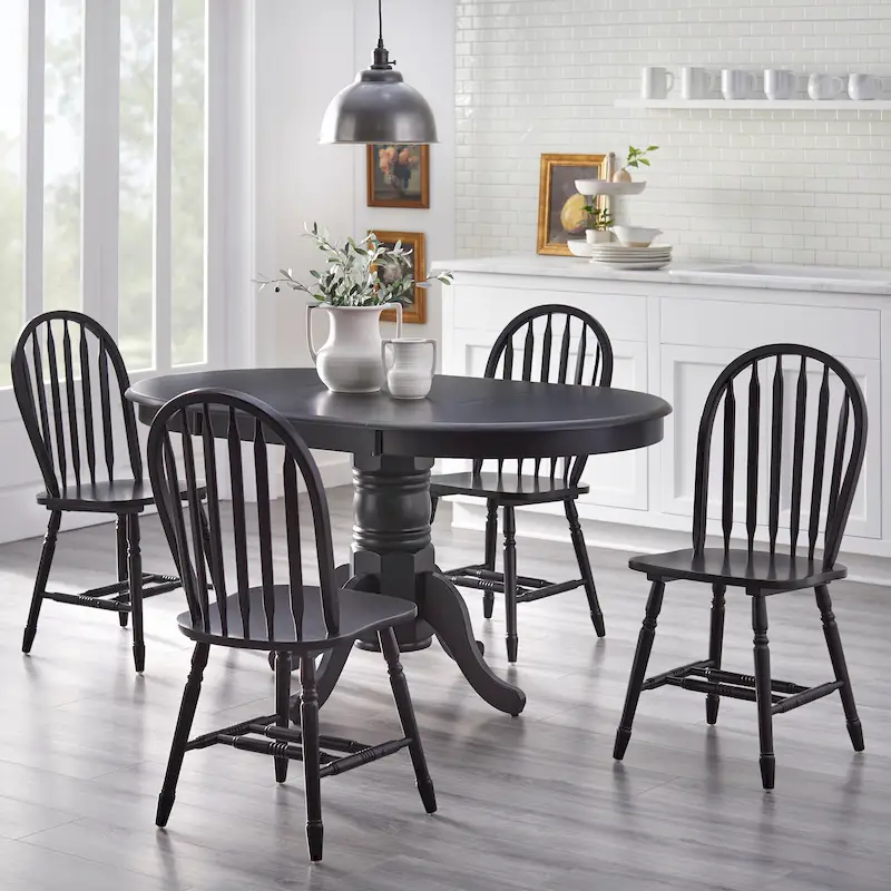 Oak/White/Grey/Black Round Pedestal Dining Set with Windsor Chairs & Leaf, 5-Person