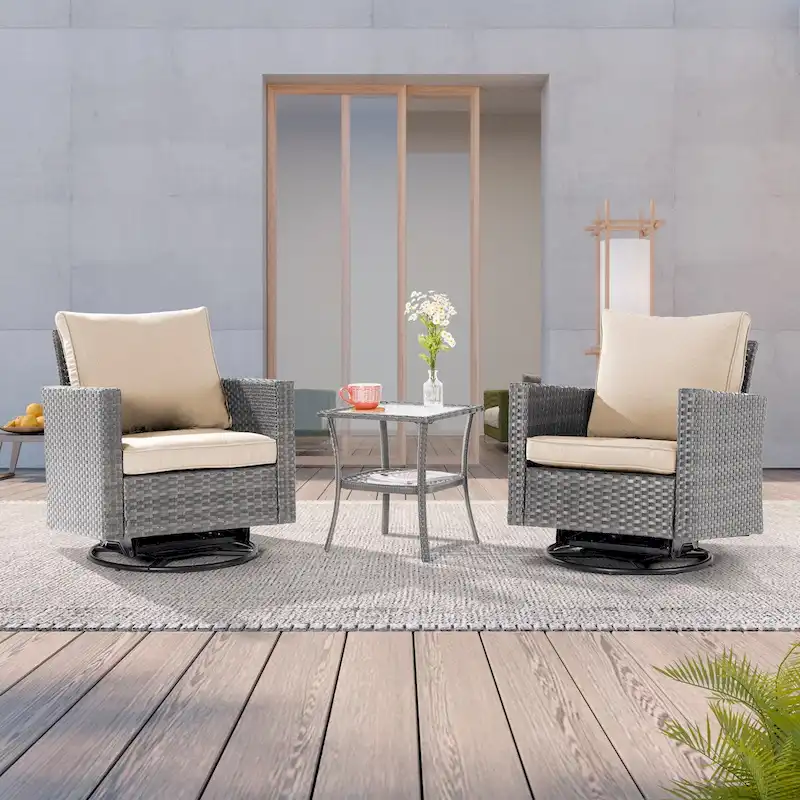 LIVOOSUN 3-Piece Patio Sofa Set Gray Rattan Swivel Rocking Chair Glass Table