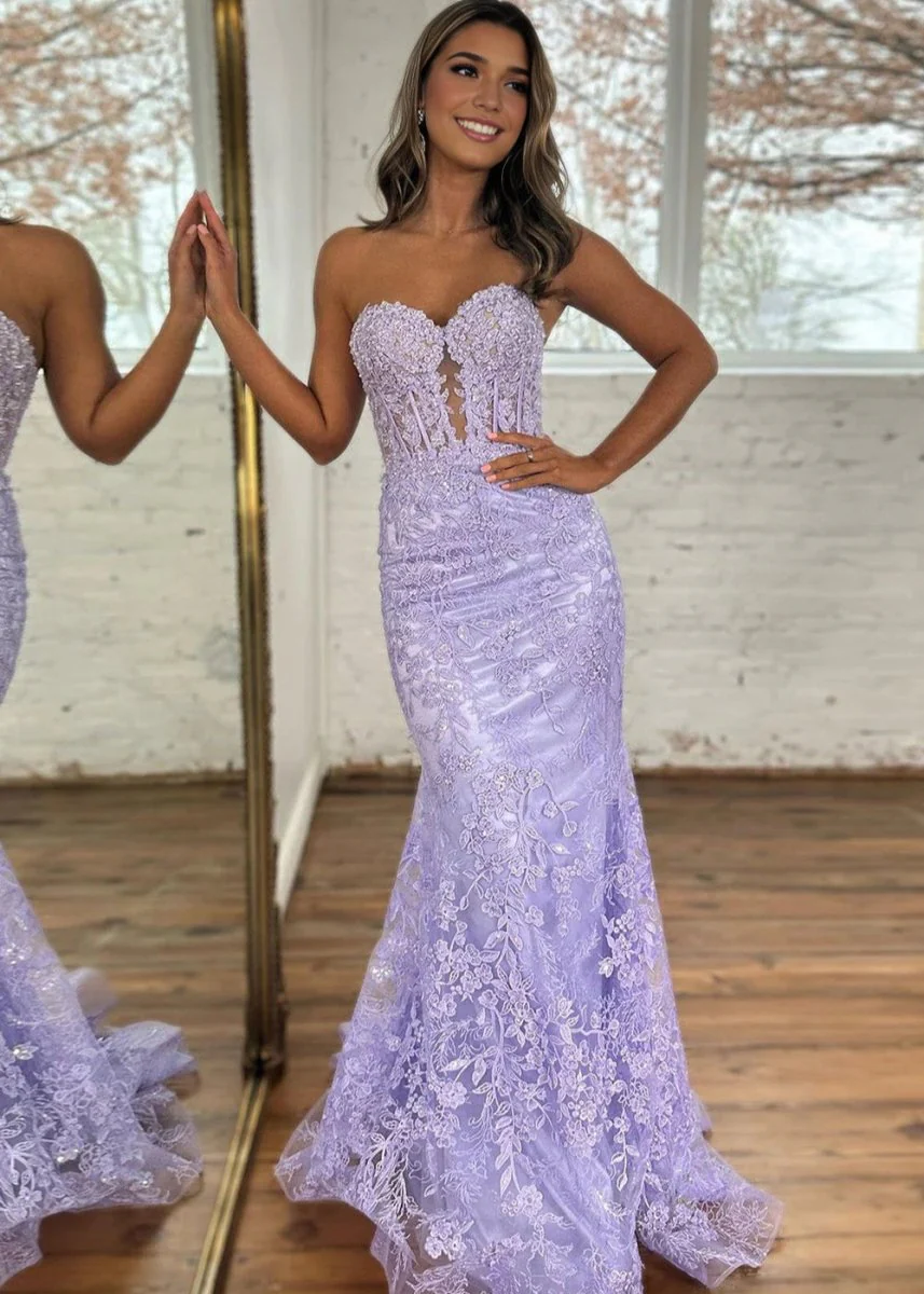 Black Sweetheart Lace Appliques Mermaid Long Prom Dresses