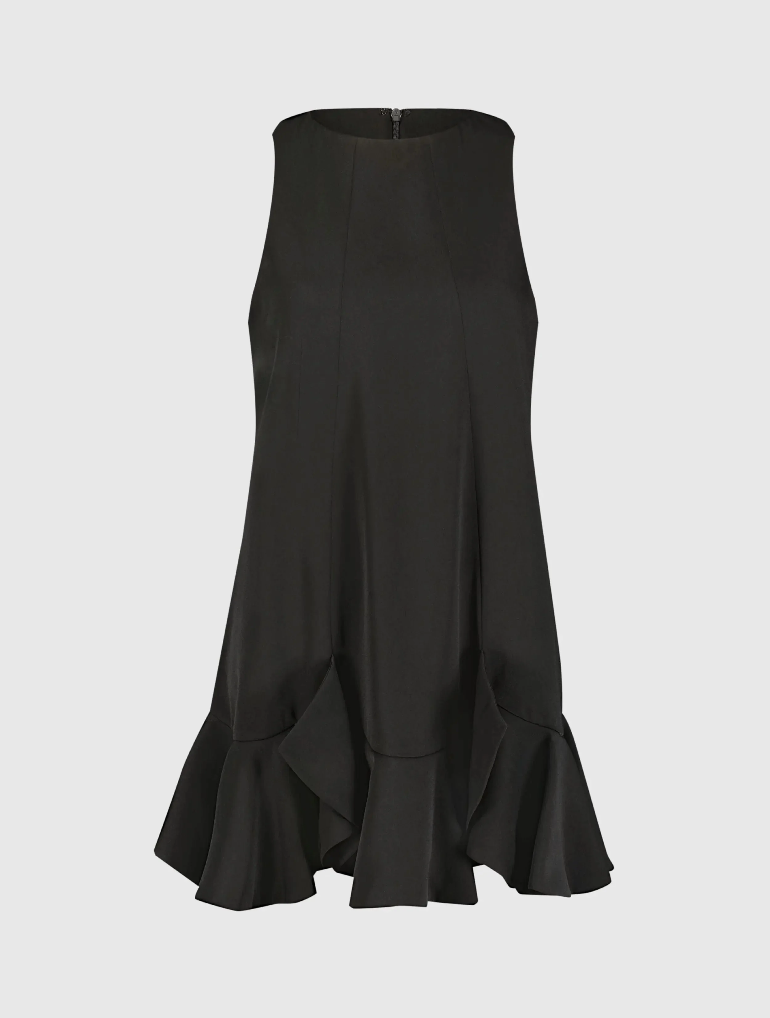 The Mia Black High Neck Sleeveless Crepe Mini Dress With Ruffle Hem