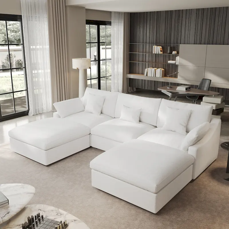 Classic Modern Linen Sectional Modular Sofa 3-Seater with 2 Ottomans, U-shaped Down Filled Cloud Couch with Cushions