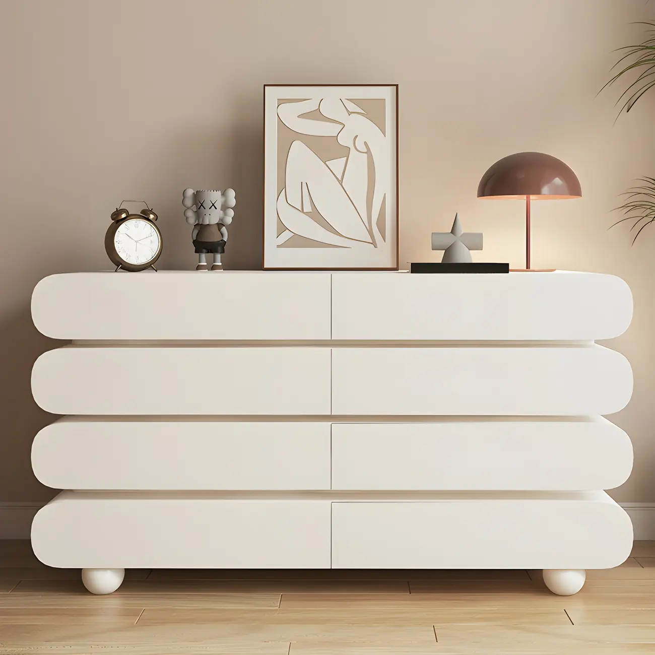 Glam White Oval Wooden Double Dresser with Soft Close Drawers
