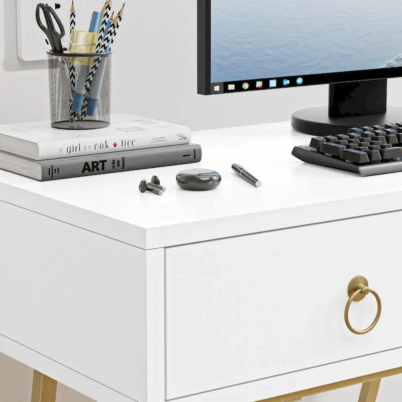 Anmytek Modern Home Office Desk 35.4 Makeup Vanity Table White 2 Drawers Writing Computer Desk with Golden Legs