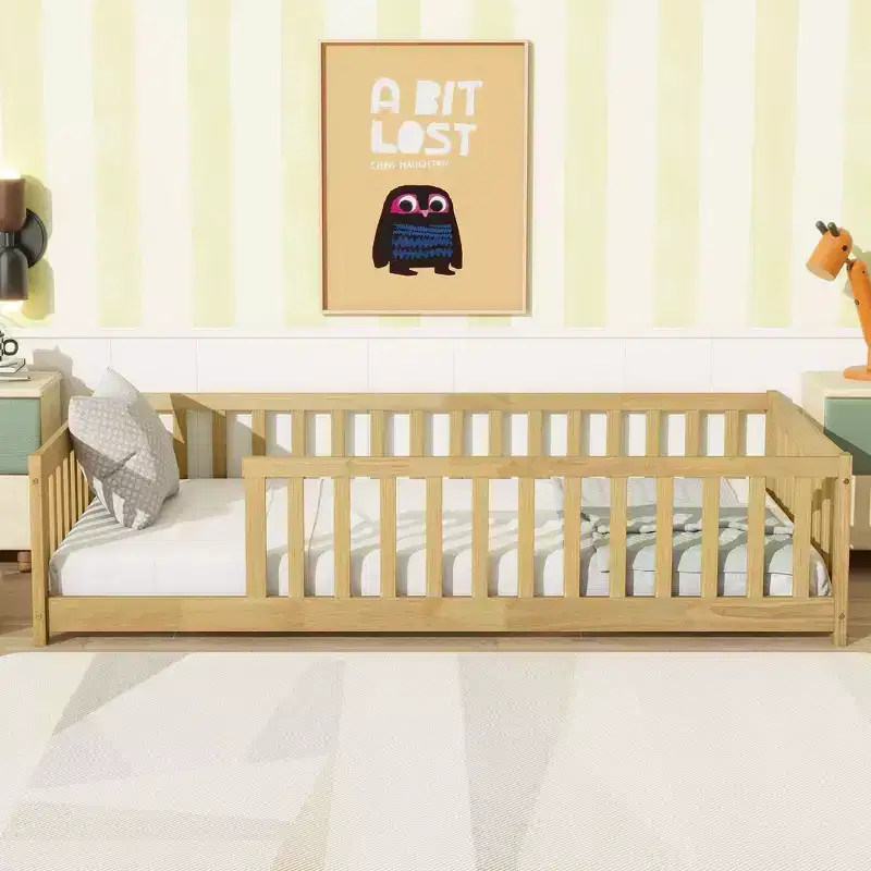 Clihome Twin Size Floor Bed with Fence without Door, Rubber Wood Floor Bed with Safety Guardrails