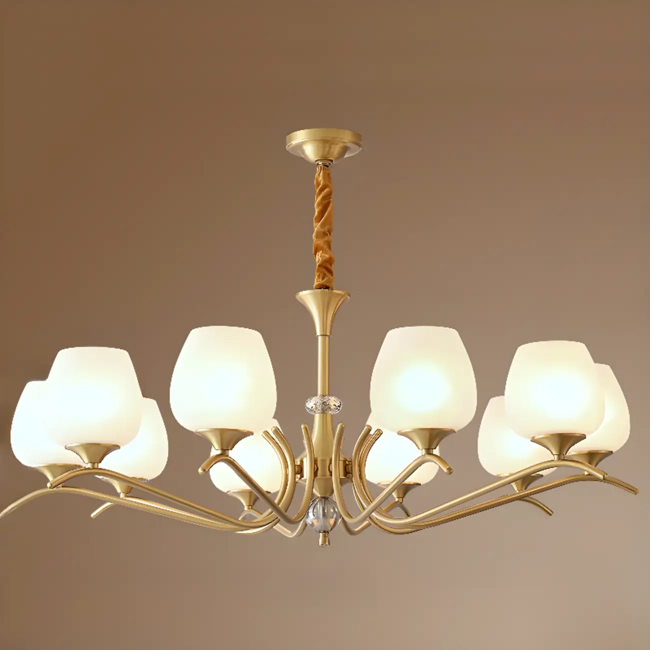Mid-Century Modern White Glass Elegant Gold Chandelier