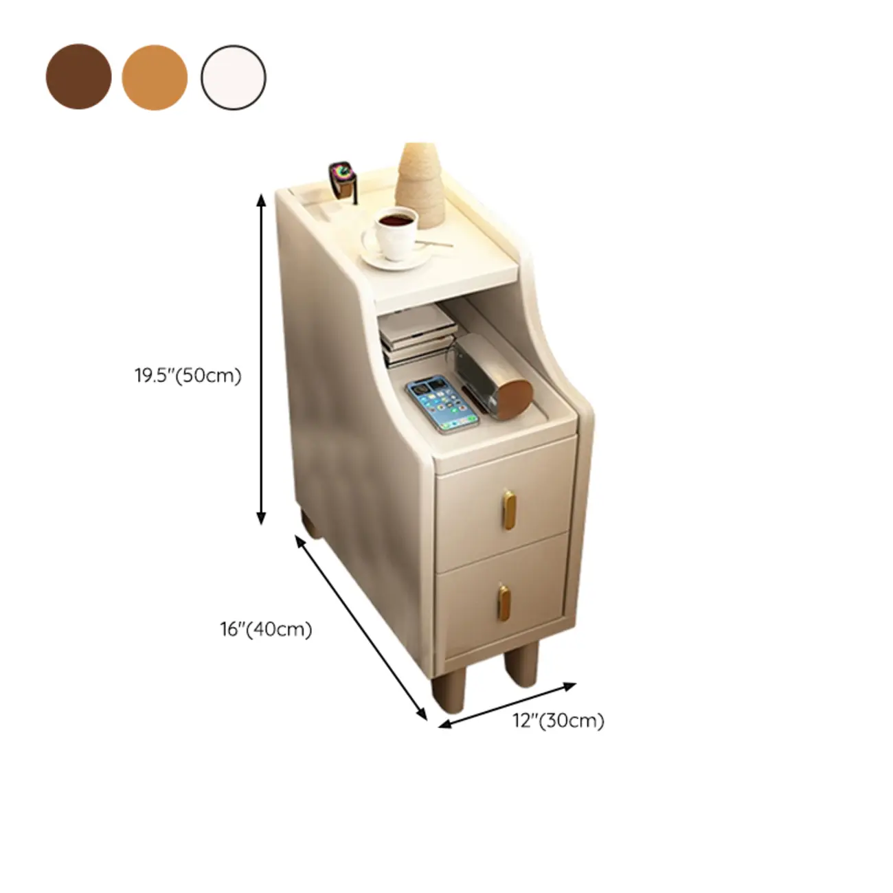 Narrow Small Walnut Wood Nightstand with Shelves