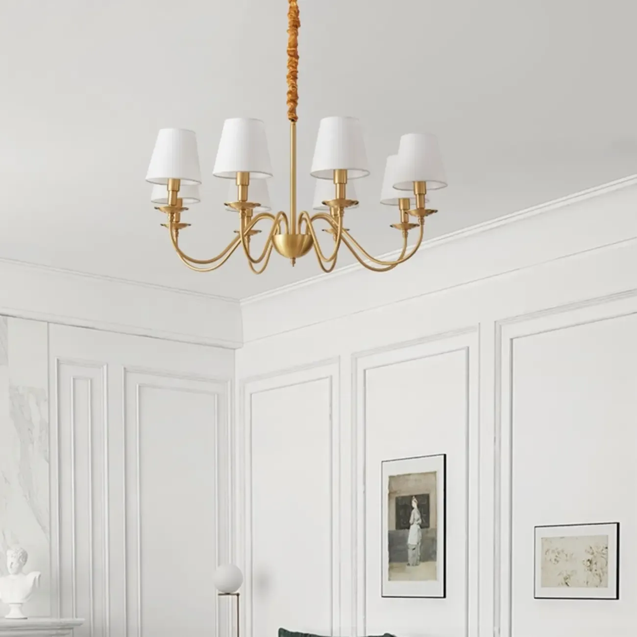 Elegant White Fabric Shade Classic Gold Chandelier