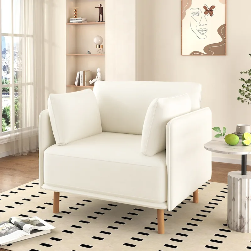 White / Yellow Fabric Upholstered Accent Chair, Single Seat, Wood Legs