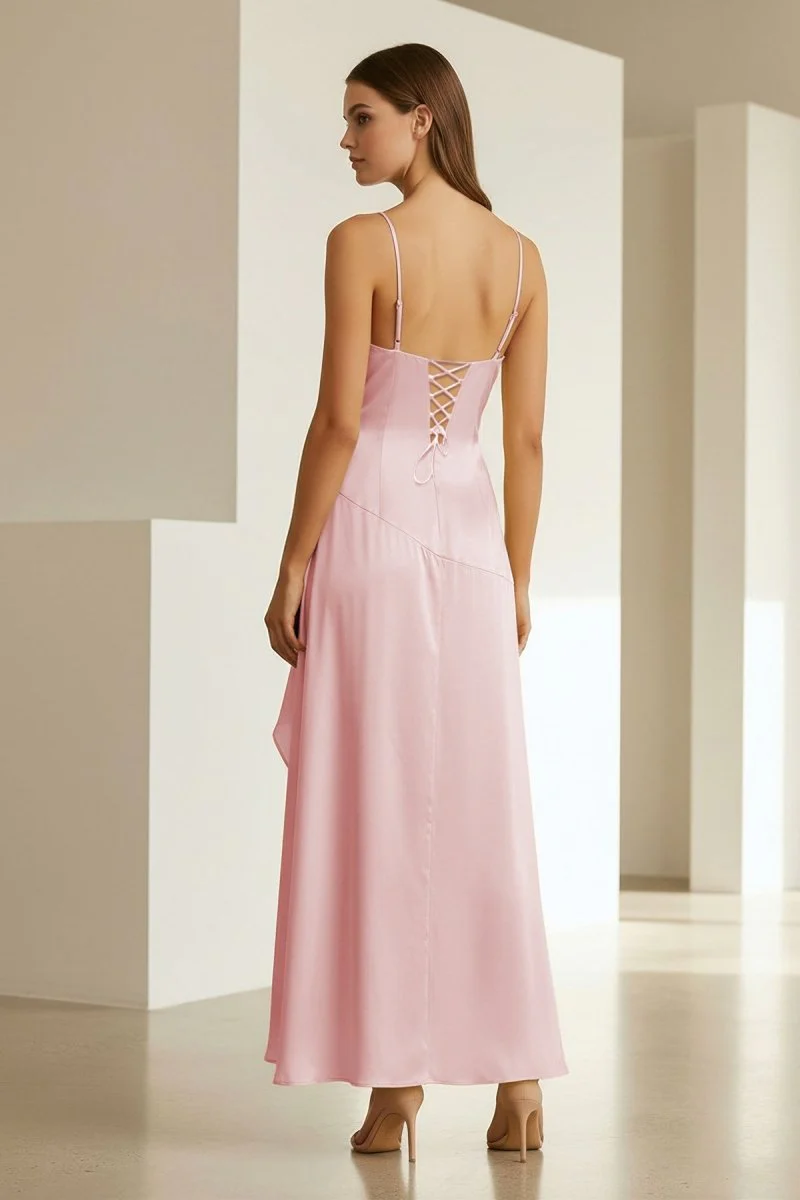 Pink - Spaghetti Straps Sheath Satin High Low Prom Dresses With Ruffles