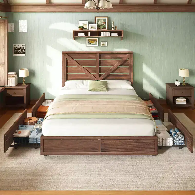 AMERLIFE Farmhouse Bed Frame with 4 Drawers and Headboard