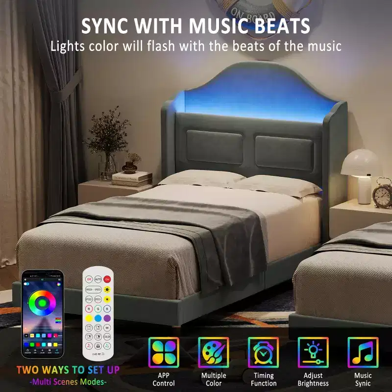 Blue/Pink/White Upholstered Wing Back Twin Bed Frame with LED Lights & Storage Headboard, for 1 Person