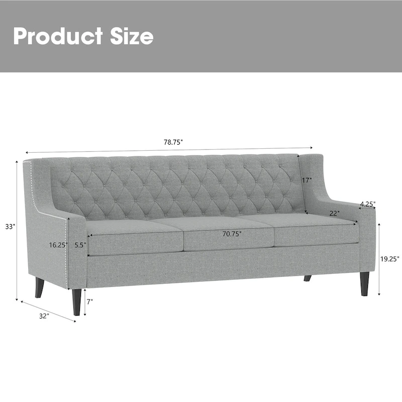 78.75  Polyester 3-Seater Sofa with Tufted Back and Cushions