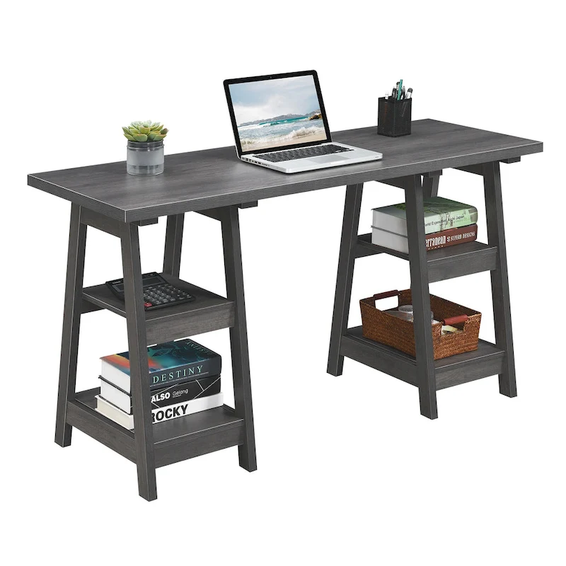 Convenience Concepts Designs2Go Double Trestle Desk with Shelves