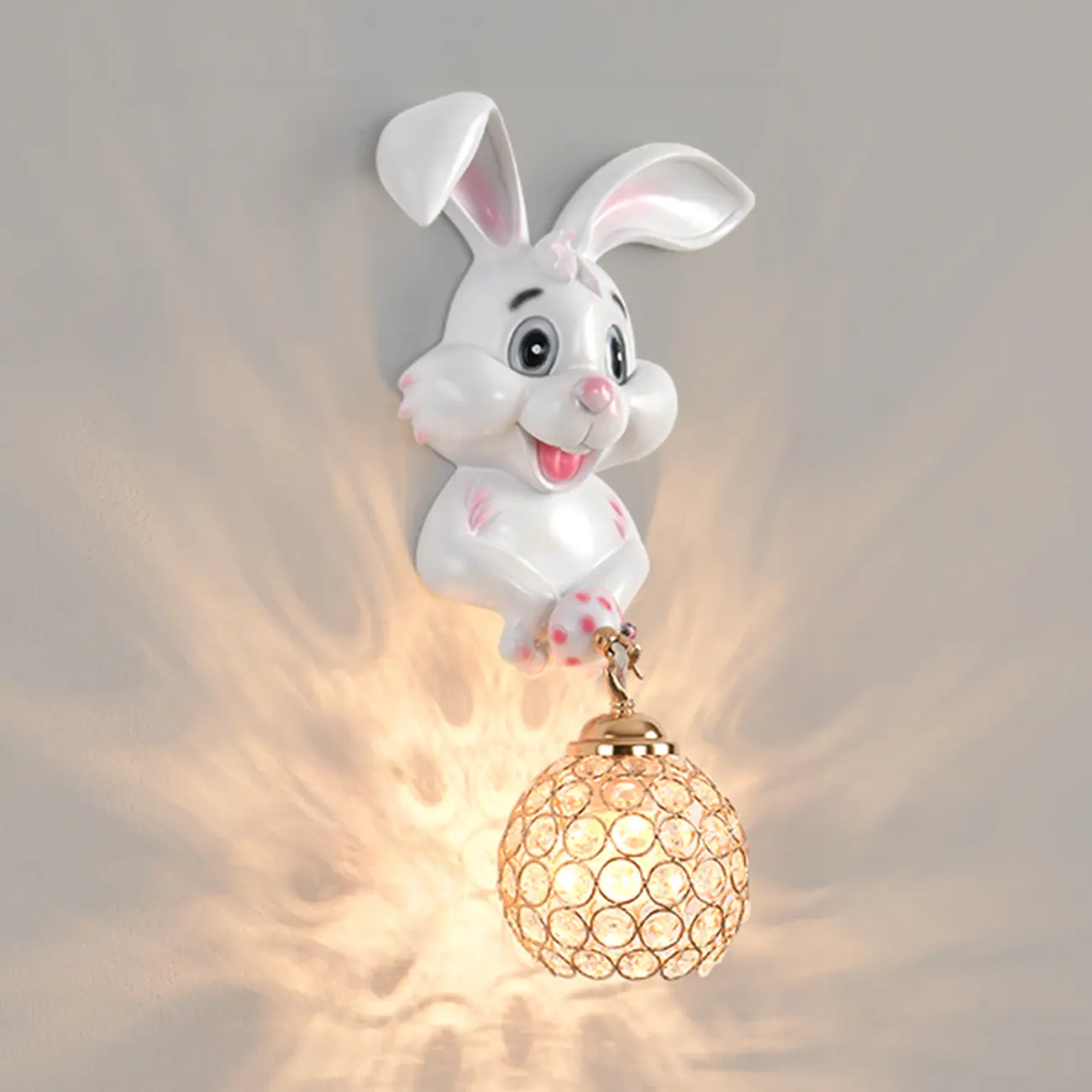 Kids Rabbit-Shaped Resin Wall Sconce with Crystal Shade