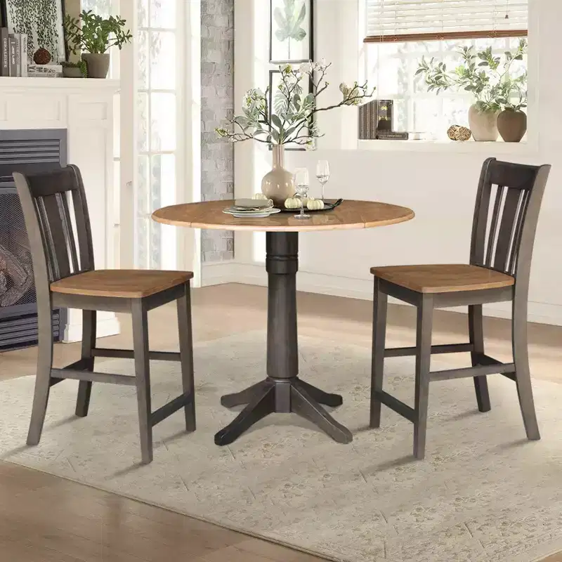 42" Round Counter Height Dining Table Set: Parawood, Pedestal Base, 2 Stools - International Concepts