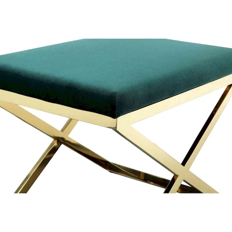 Sovi 24 Inch Accent Stool Ottoman Bench, Plush Green Velvet, Gold X Base