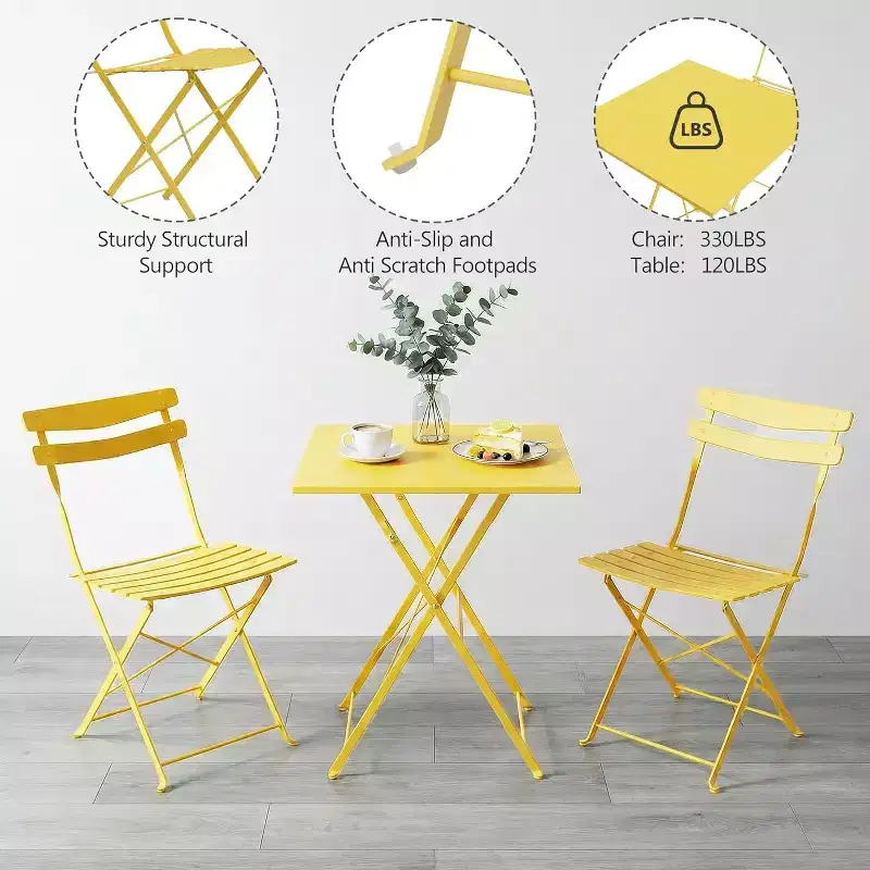 GustoWave 3-Piece Foldable Metal Bistro Set With Round Table, 2 Chairs