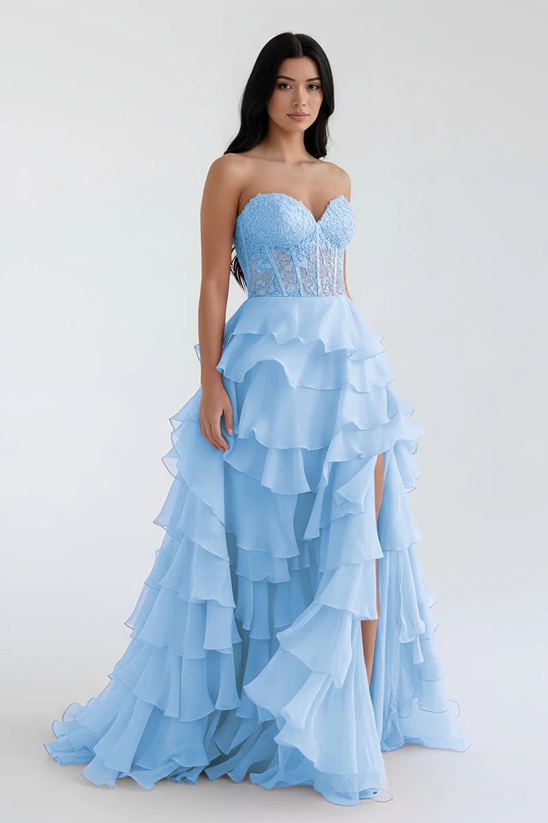 Royal Blue Chiffon Sweetheart Ruffle Tiered Long Prom Dress
