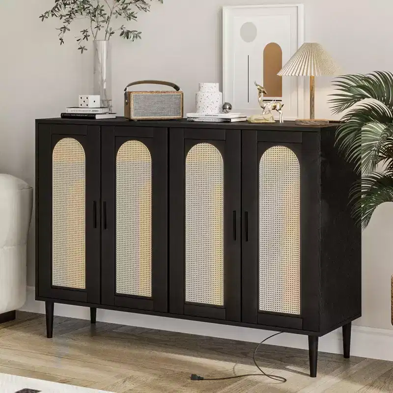 GustoWave Sideboard Buffet Cabinet, 4 Rattan Doors Accent Storage Cabinet, Console Table Coffee Bar, Hallway, Living Room