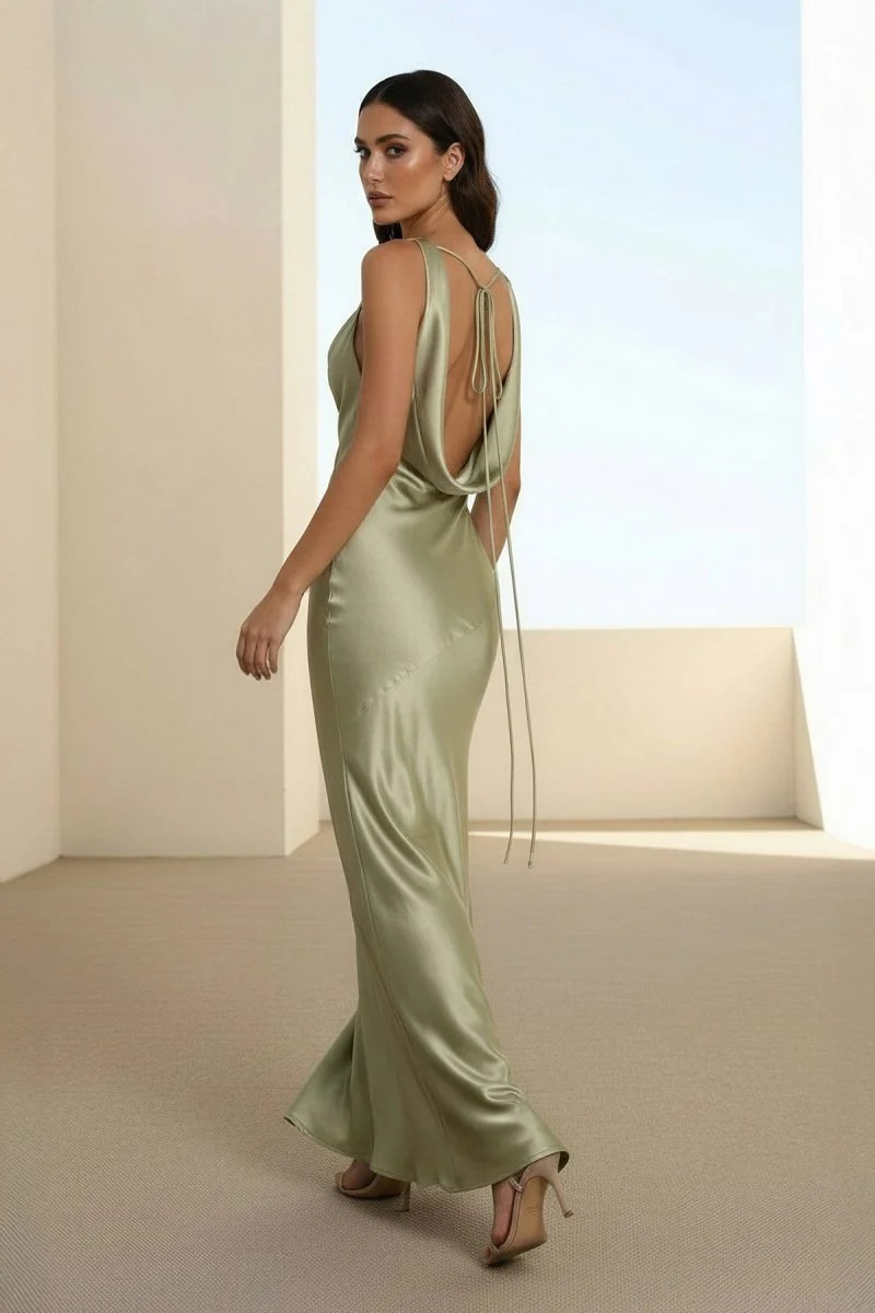 Sage V Neck Sheath Satin Open Back Long Prom Dresses