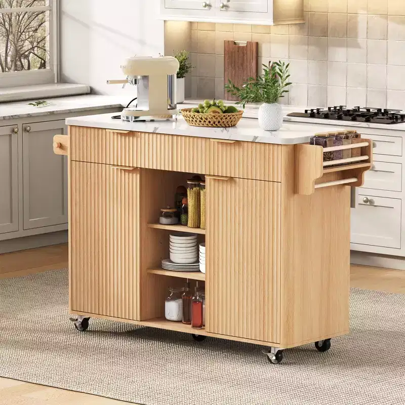 GDFStudio Lyla 52 Fluted Kitchen Storage Cart with Power Outlet, Rolling Island Table and Faux Marble Foldable Tabletop