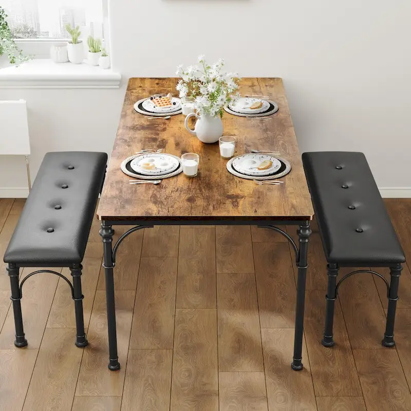 Grey/Brown Industrial-Style Dining Table Set for 4 (1 Table + 2 Benches)