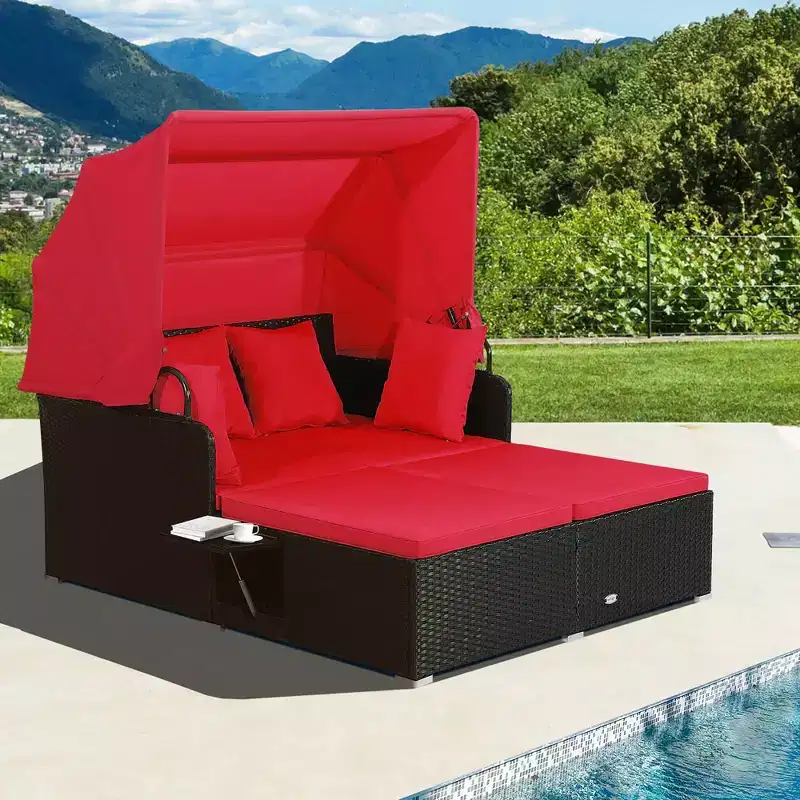 Costway Patio Rattan Daybed Lounge Retractable Top Canopy Side Tables Cushions Off White/Red/Turquoise/Beige