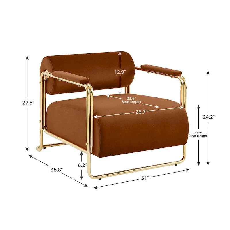 VANOMi 31 Wide Futuristic Velvet Armchair With Glossy Gold Frame Cylindrical Backrest