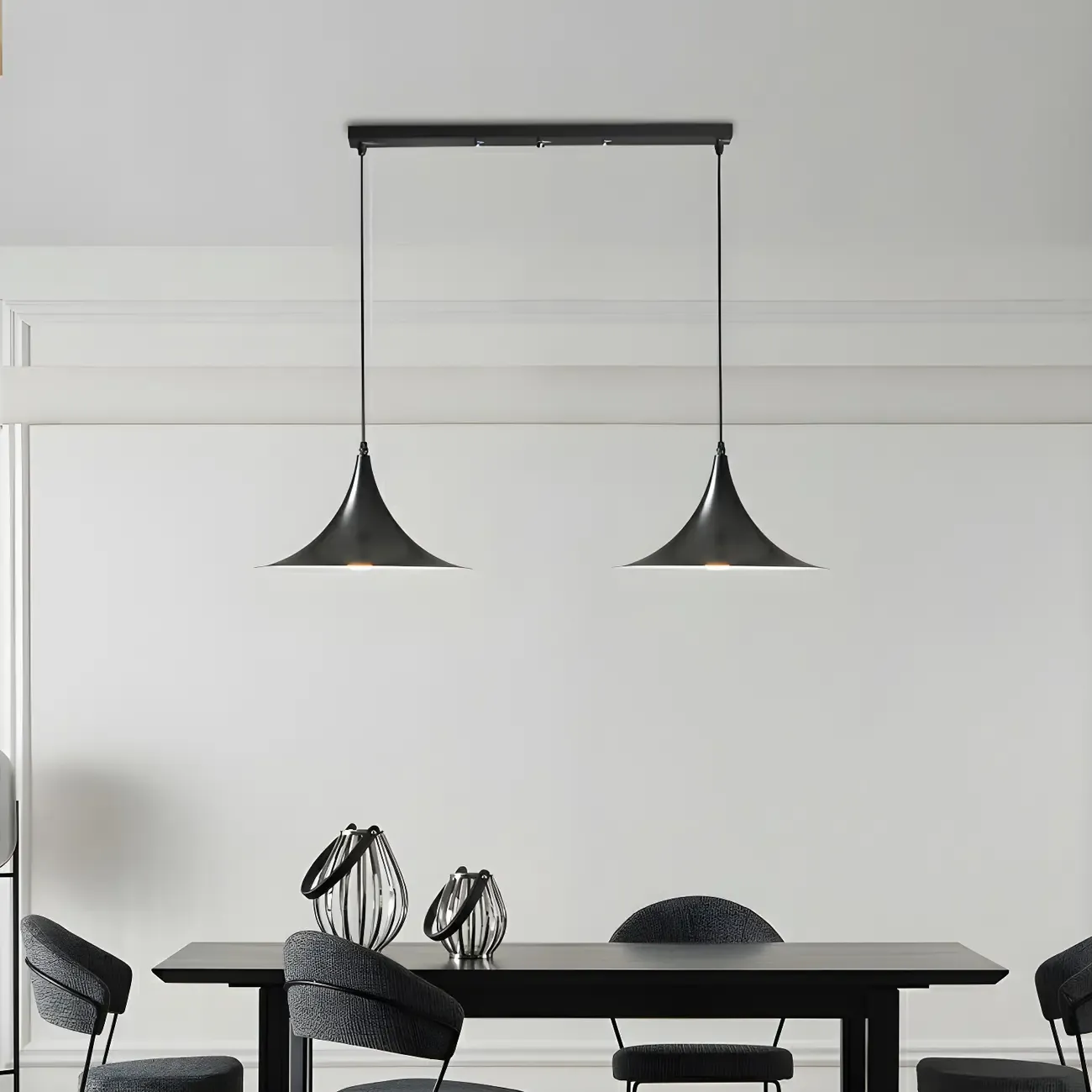 Modern 2-Light Trumpet Black Iron Pendant Light for Kitchen Island