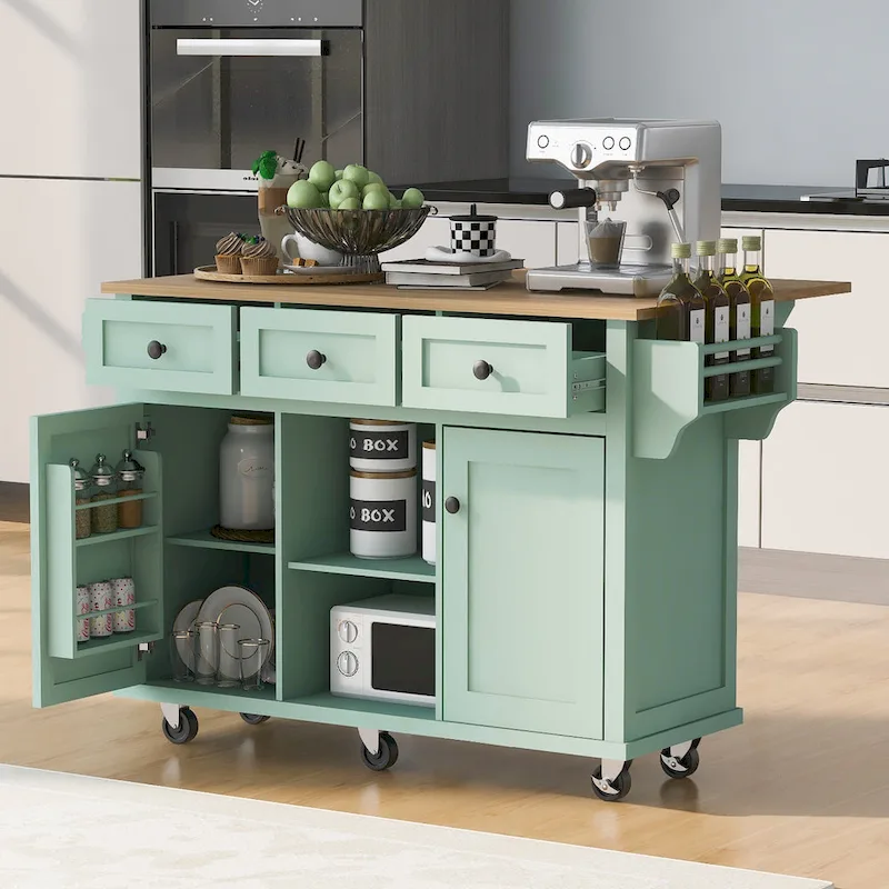 Kitchen Cart with Rubber wood Drop-Leaf Countertop ,Kitchen Island on 5 Wheels with Storage Cabinet and 3 Drawers