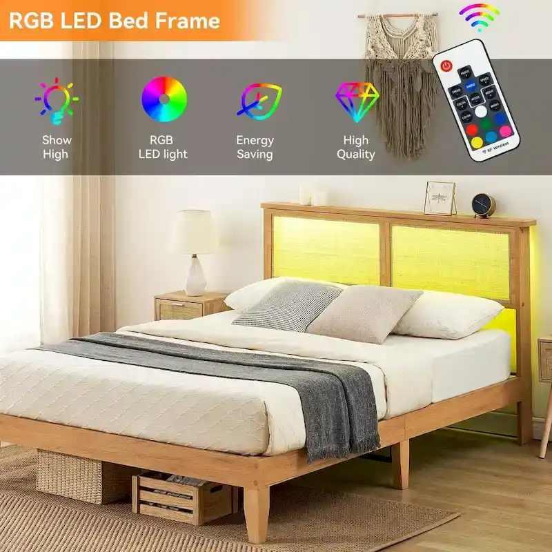 Bed Frame with Natural Rattan