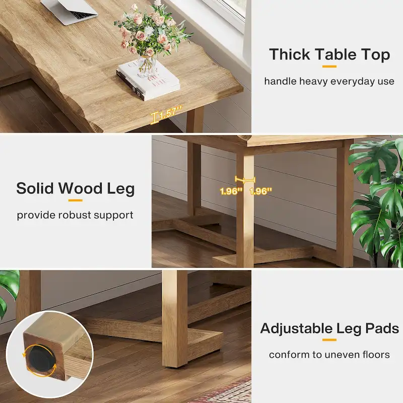 63 Inches Computer Desk, Rectangular Writing Table with Solid Wood Legs and Thickened Desktop
